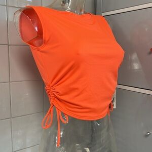 Neon Coral/Orange Side-Ruched Sleeveless Spandex Top L NWT Retro 80s
